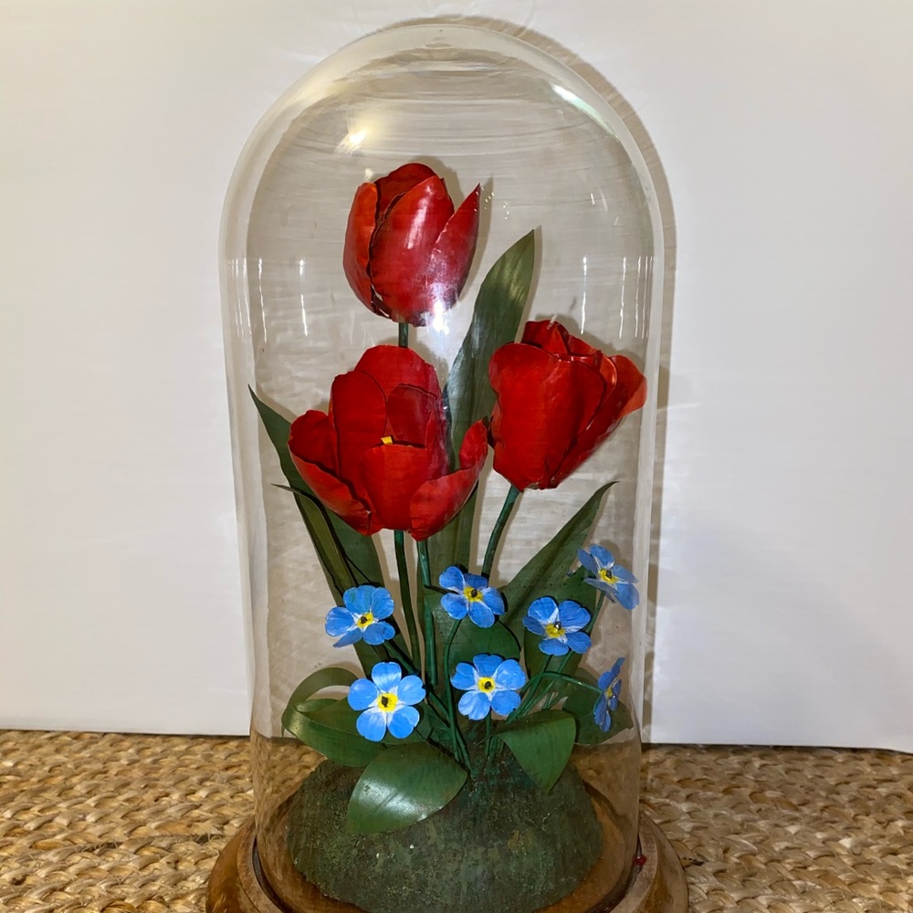 Glass Enclosed Metal Flower Decoration